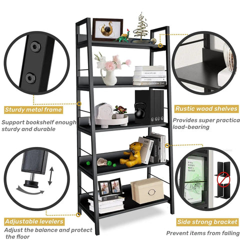 Solid Five Tier Industrial Ladder Bookshelf In Rustic Brown, Steel Frame Leaning Rack For Plants And Daily Gear, Hella Sturdy freestanding bookcase with sturdy metal frame and rustic wood shelves.
