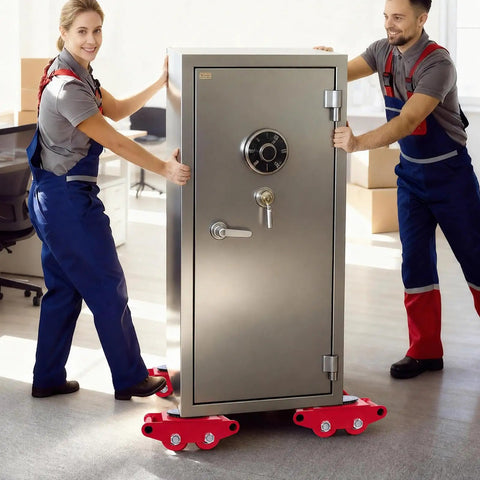 Heavy Duty Machinery Skates 4 Pack With 17,637 Lb Capacity, 360 Degree Rotation moving a safe with red PU wheels and steel base