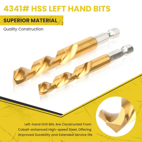 Close-up of gold HSS left-hand drill bits from 14 Piece Screw Extractor And Left Hand Drill Bit Set For Easy Out Removals.