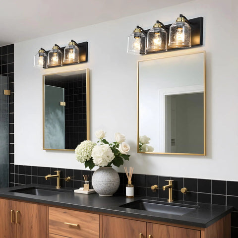 24 Inch Vanity Light With Black And Gold Finish, Three Light Over Mirror Bathroom Fixture With Clear Glass Shade in modern bathroom
