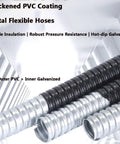 Rock Solid Flexible Metal Conduit With Kickass Flexibility And Protective Coated Steel Hose For Heavy Duty Electrical Wire Protection Smooth Corrugated Tubing Indoor Outdoor, showcasing thickened PVC coating and galvanized hoses.