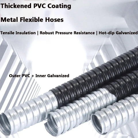 Rock Solid Flexible Metal Conduit With Kickass Flexibility And Protective Coated Steel Hose For Heavy Duty Electrical Wire Protection Smooth Corrugated Tubing Indoor Outdoor, showcasing thickened PVC coating and galvanized hoses.