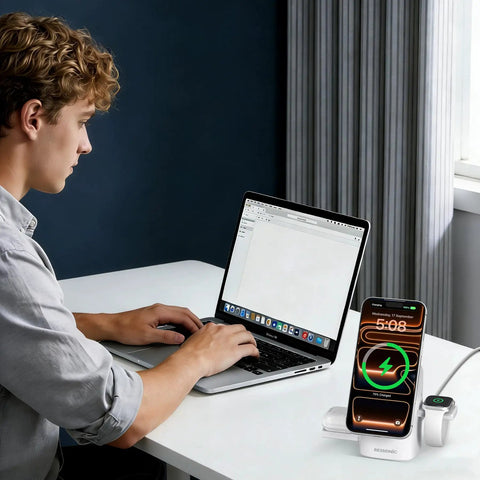 Man working on laptop with Three In One Magnetic Wireless Charging Station For Apple And Samsung Dope Qi2 Certified 15W nearby.