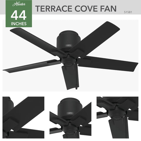 44 Inch Indoor Outdoor Ceiling Fan No Light With Low Profile Mount 5 Blades Damp Rated For Patio Porch Garage Or Living Room Pull Chain Matte Black Terrace Cove 51581