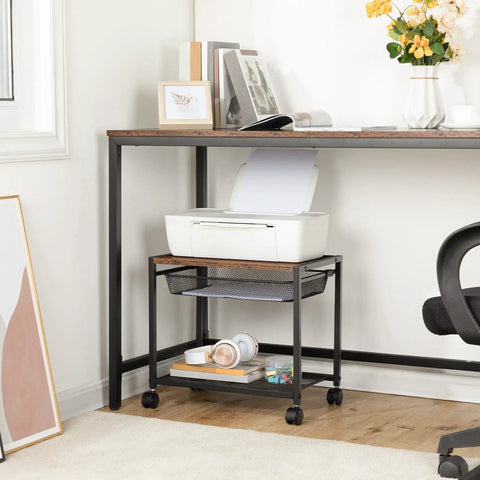 Under Desk Printer Stand With Wheels, Industrial Grade 2 Tier Printer Cart On Casters, Workhorse Heavy Duty Storage Rack