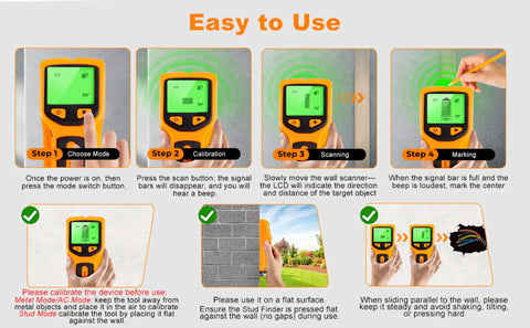 No Sweat 5 In 1 Handheld Stud Finder And Wall Scanner showing user instructions for operation steps and calibration.