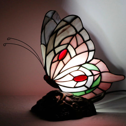 Tiffany Style Stained Glass Butterfly Table Lamp With Pink Butterfly Accent, Small Desk Lamp on antique bronze resin base