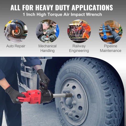 High Performance 1 Inch Air Impact Wrench Built With A Pinless Hammer Mechanism And 4200 Rpm No Load Speed Plus Boss Level 2800 Ft Lbs Max Torque For Yanking Rusty Bolts On The Shop Floor in use during auto repair.