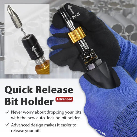 Person using Pro Grade Precision Torque Screwdriver 10 To 50 Inch-Pounds With 1 Quarter Inch Hex Bit Holder, Quick Release, T-Handle