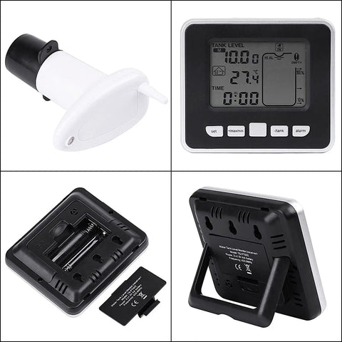 Ultrasonic Liquid Level Sensor With Temperature Display For Indoor Water Tanks Level Meter And Indicator Up To 100 Meters Easy Install Real Time Readout No Brainer For Home Kitchen Basement Utility Rooms showing front, side, and back view.
