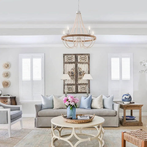 Wood Beaded Chandelier 5 Light Boho Candle Pendant Light For Living Room Dining Room Kitchen Foyer E12 Dimmable Socket
