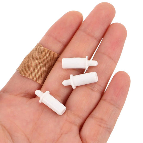 White Shutter Repair Pins, 120 Piece Movable Louver Fasteners in hand, showcasing plastic durability and compact size for easy use.