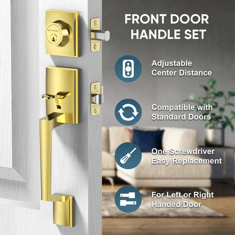 Front Door Handle Set With Heavy Duty Square Lever And Single Cylinder Deadbolt, Reversible For Exterior Doors, Polished Brass