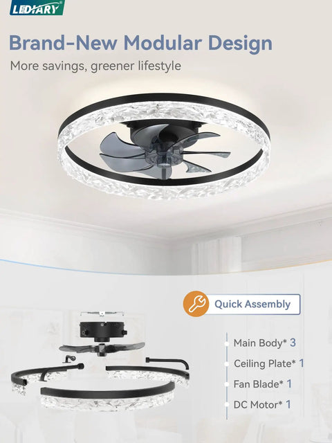 Slick 20 Inch Modern Ceiling Fan With Lights And Remote Dimmable Low Profile Flush Mount on white ceiling