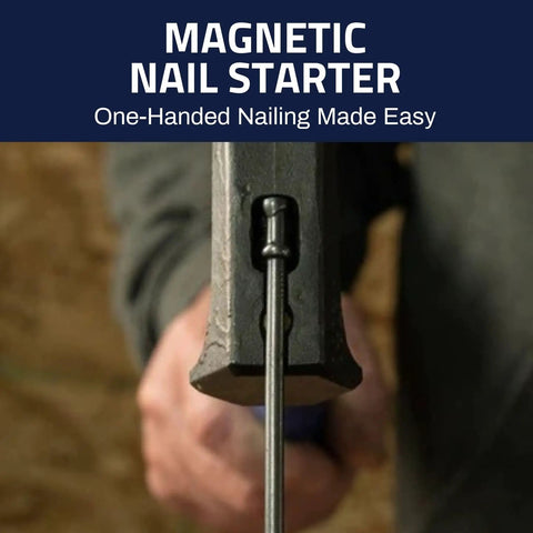 Close-up of Ti64 Titanium Power Hammer 12 Oz Construction Grade With Tough Fiber Shock Absorbing Fiberglass Handle showcasing magnetic nail starter.