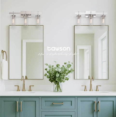 Modern Farmhouse Three Light Vanity Light With Clear Glass Shades In Brushed Nickel above bathroom mirrors