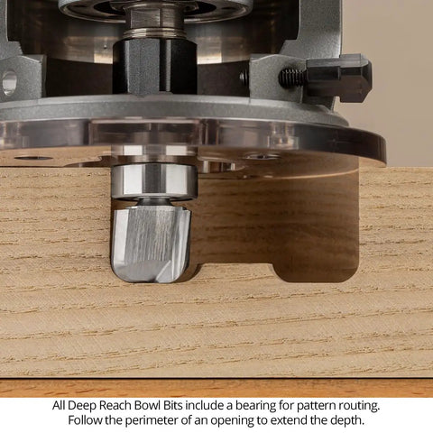 Close-up of Heavy Duty Deep Reach Bowl Router Bits Set with solid carbide head on a wood surface for precision routing.