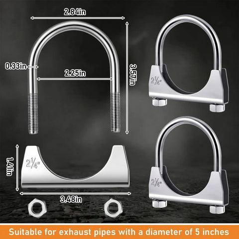 Beefy Heavy Duty Exhaust Clamp Set Four Pack Fits Two And A Quarter Inch OD Pipes U Bolt Saddle Design Muffler Connector
