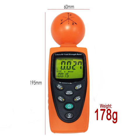 RF EMF Strength Meter Pro For Home Use 50MHz To 3.5GHz Electromagnetic Field Detector with screen and buttons visible, 195mm tall.