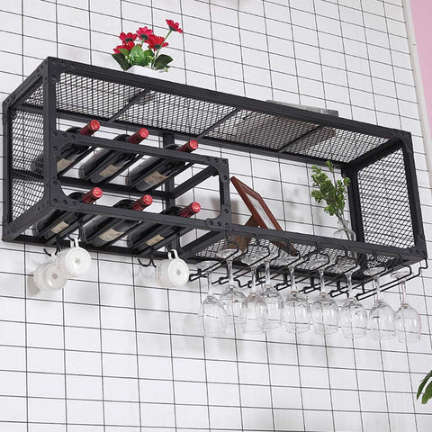 Industrial Wall Mounted Wine Rack With Stemware Holders Two Tier Iron Bar Shelf Bottle Display For Home Kitchen Decor, featuring wine bottles and glass holders.