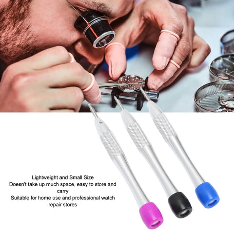 Precision Triangular Tip Watch Repair Screwdriver Set For 3235 Movements shown with three tools and watch repair process