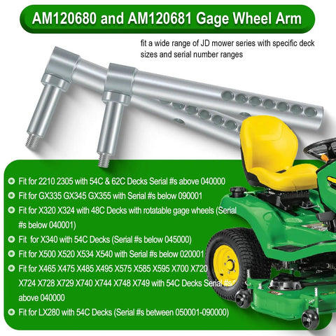Heavy Duty Right Front Mower Deck Gage Wheel Arm Replacement Kit with 7/8 inch shaft and silver finish for John Deere tractors.