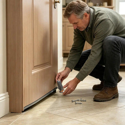 Man installing Heavy Duty Gate Wheel Replacement To Fix Saggy Wooden Doors Quiet Rolling Bearing Stops Door Drag Smooth As Butter.