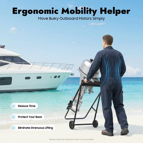 Man using Outboard Motor Trolley Carrier Cart Foldable Engine Stand Built To Last For Boats Heavy Duty 30 HP Motors Long And Short Shaft 70Kg Capacity Tough Steel Frame With Corrosion Resistant Finish on a pier.