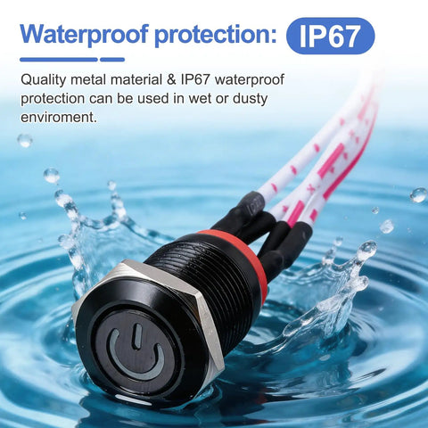 12mm Chassis Metal Power Button With Red LED 39 Inch Wire On Off Switch For ATX PC Builds DIY Friendly Case Button Black Finish Easy Install Power Symbol For Front Panel, IP67 waterproof metal button in water