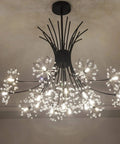 Modern Firework Crystal Dandelion Chandelier Pendant Lighting with 19 Lights, black ceiling fixture, adjustable rods.