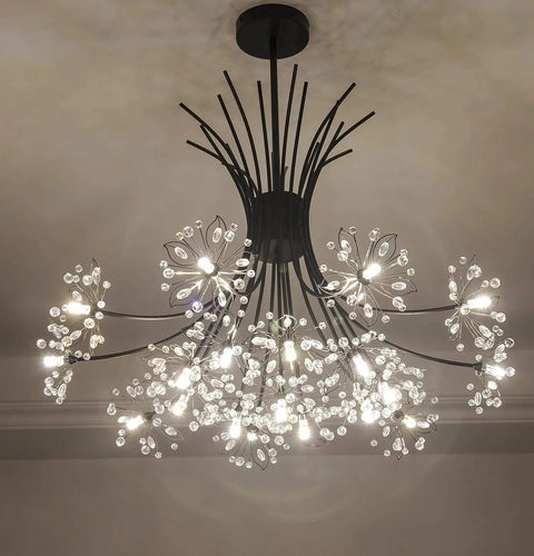 Modern Firework Crystal Dandelion Chandelier Pendant Lighting with 19 Lights, black ceiling fixture, adjustable rods.