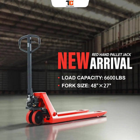 Heavy Duty Manual Pallet Jack With 6600 Lb Capacity Built Tough For Warehouse Grind Featuring 27 X 48 Inch Forks Polyurethane Wheels Comfort Grip Handles And Oil Leak Proof Hydraulics, red color.