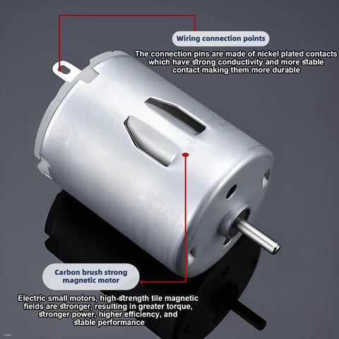 Close-up of a 280 DC Mini Motor with labeled wiring connection points and carbon brush, part of the 280 DC Mini Motors Kit 10 Pack 3V to 12V.