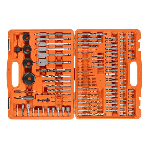 125 Piece Drill And Drive Bit Kit With Hole Saw Sockets For Wood Metal Concrete Masonry And Plastic shown in orange case