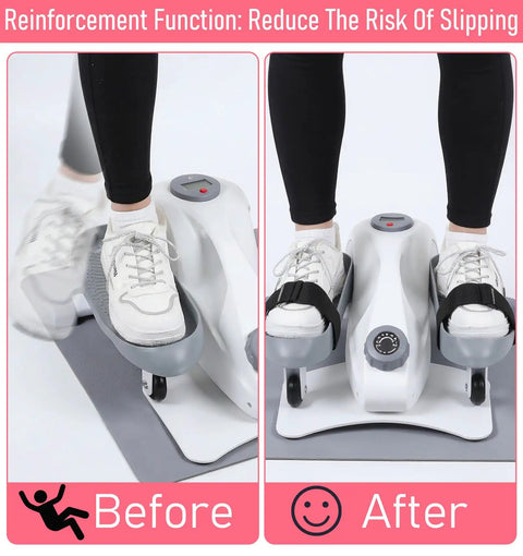 Before and after using Two Pack Bike Pedal Straps For Stable Foot Retention on elliptical, showing reduced foot slippage.
