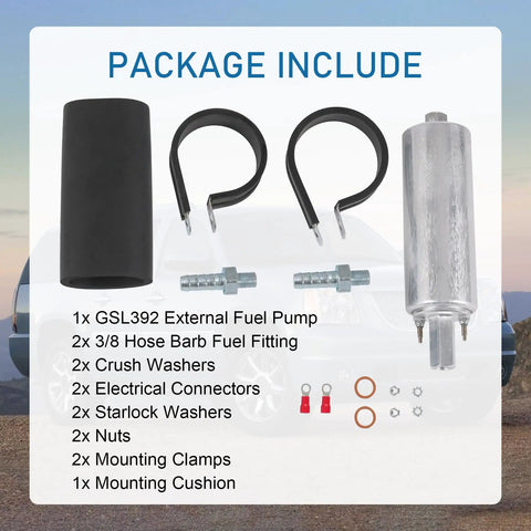 Beefed Up External Inline Fuel Pump Kit With High Flow 255 LPH Performance includes hoses, clamps, and connectors shown