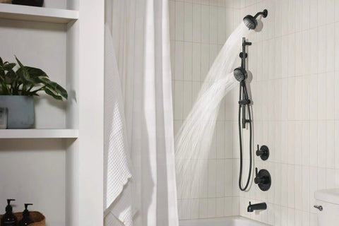Tub And Shower Trim Kit In Matte Black With 6 Function Shower Head, Easy Clean Nozzles, Full Body, Massage, Focus And Pause Settings, Reliable Valve Trim Upgrade For A Quick No Fuss Shower Refresh in bathroom installation.