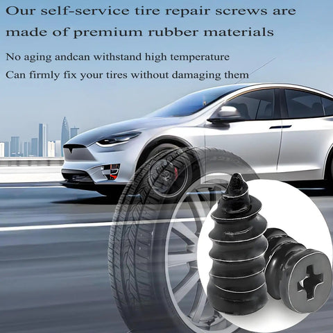 60 Pcs Tire Repair Nails Self Tapping Screws Kit For Cars, Motorcycles, And Trucks displayed with a car and product close-up