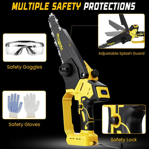 Cordless Mini Chainsaw Compatible With 20V Max Batteries, 6 Inch And 8 Inch Brushless Handheld Pruner with safety features