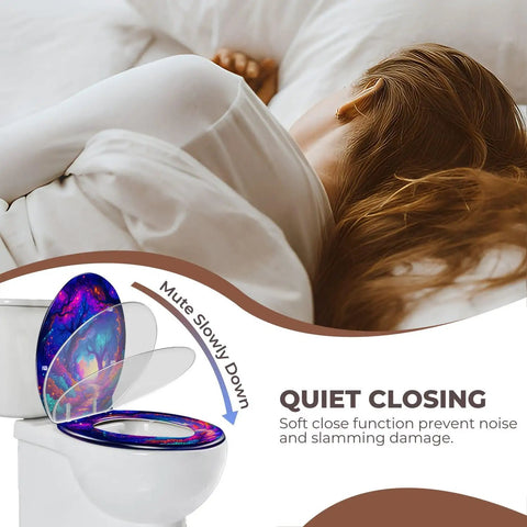 UV Reactive Round Toilet Seat for Bathroom with soft close feature and colorful galaxy design, suitable for various toilet sizes.