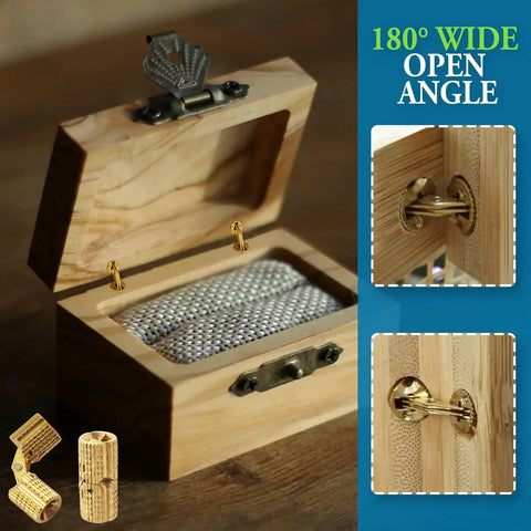 Hidden Brass Barrel Hinges 12 Pack 10mm Concealed Cabinet Hinge Set with 180 Degree Opening on wooden box