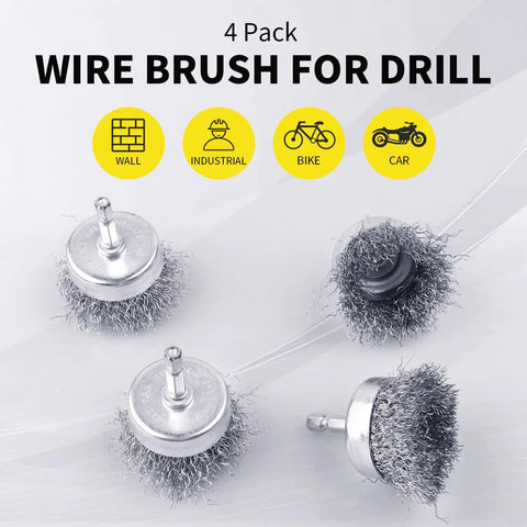 Four Pack Drill Wire Cup Brushes With 1/4 Inch Hex Shank 0.010 Inch Carbon Steel for Rust Removal, set of four brushes on white background.