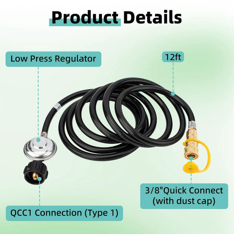 12Ft Quick Connect Propane Hose With Regulator For Heaters And Outdoor Gear 3 Eighths Inch Quick Connect To QCC1 Tank Connection Adapter Hose Replacement For Big Buddy Style Heaters Indoor Or Outdoor Use, coiled with labeled connections.