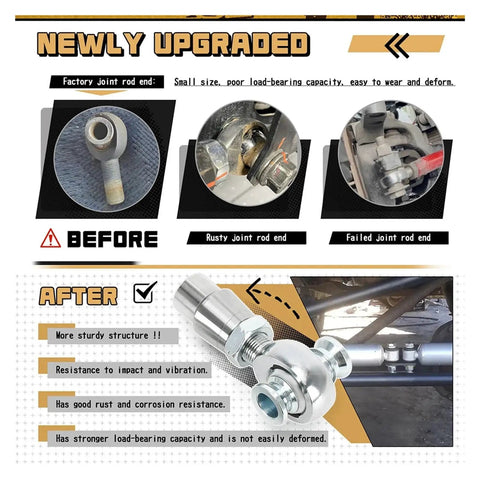 Heavy Duty Heim Joint Rod End Kit Two Pair Set With Left And Right Hand Threads Featuring Sealed Greased Chromoly Steel Design For Rock Solid Steering and Long Lasting Ride Stability, showcasing upgraded joint to enhance durability.
