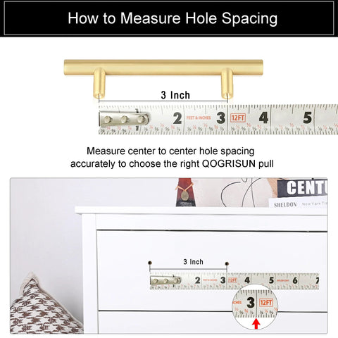 Measurement guide for Solid Brass Cabinet Pulls 5 Pack in Brushed Gold Finish Euro Style T Bar Handles with 3 Inch Hole Center on drawer.