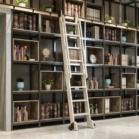 Rock Solid Ladder Sliding Hardware Kit With 20 Foot Barn Door Rail And Floor Casters For Quick Garage Or Closet Upgrade showing white ladder on rail in modern bookshelf.
