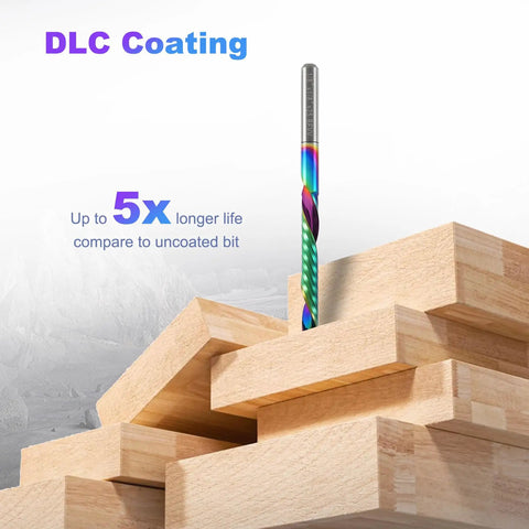 10 Pcs O Flute Downcut Router Bits Set With One Eighth Inch Shank DLC Coated Carbide End Mills showcased with wooden blocks