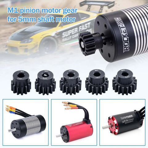 Hardened Mod One Pinion Gear With Five mm Bore And Thirteen To Seventeen Teeth, M1 gears for RC motor, black metal, 5mm bore.