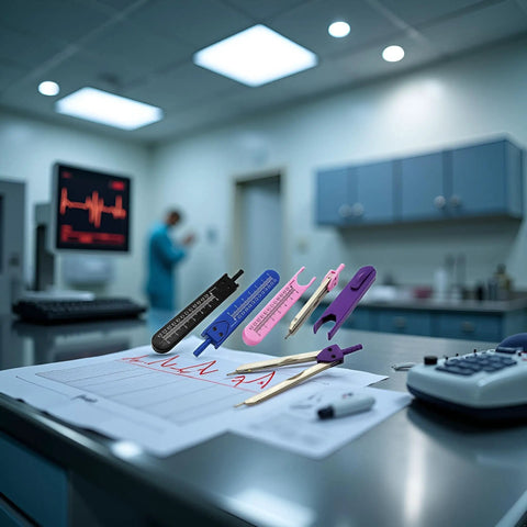 Purple EKG Calipers With Built In Ruler, Dead On Accuracy For Electrocardiogram Measurements on a clinical table.