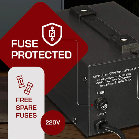 750 Watt Voltage Converter Transformer Step Up And Down Power Converter with fuse protection and grounded input, 220V view.